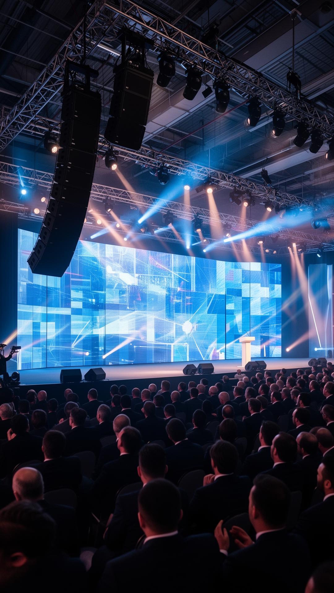 Convenção corporativa com painéis de LED e palco